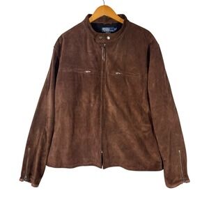 Polo Ralph Lauren Leather Jacket XXL Brown Moto Zip Front Genuine Leather Wool